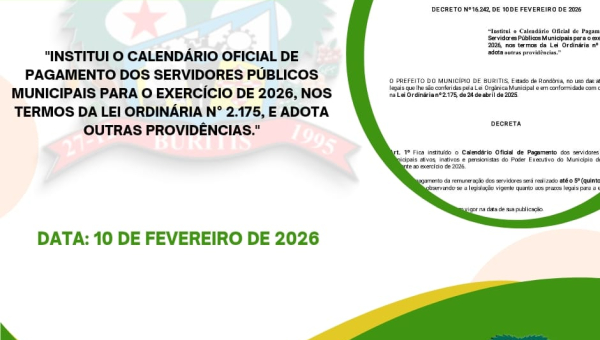 Prefeitura de Buritis institui Calendário Oficial de Pagamento dos Servidores para 2026